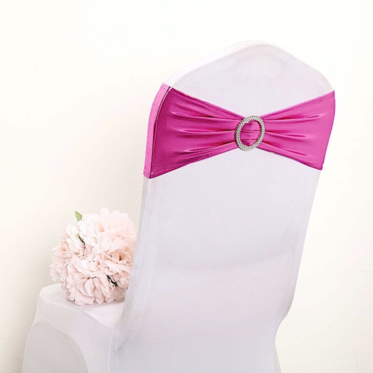 Metallic Silver Spandex Chair Sashes with Round Buckles for Wedding Decor